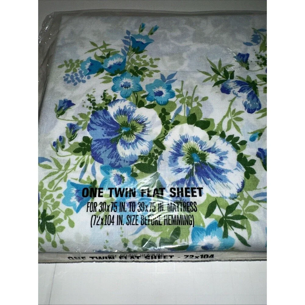 VTG NIP Our Own Twin Flat Sheet Blue Floral No Iron Muslin NOS Retro JC Penny